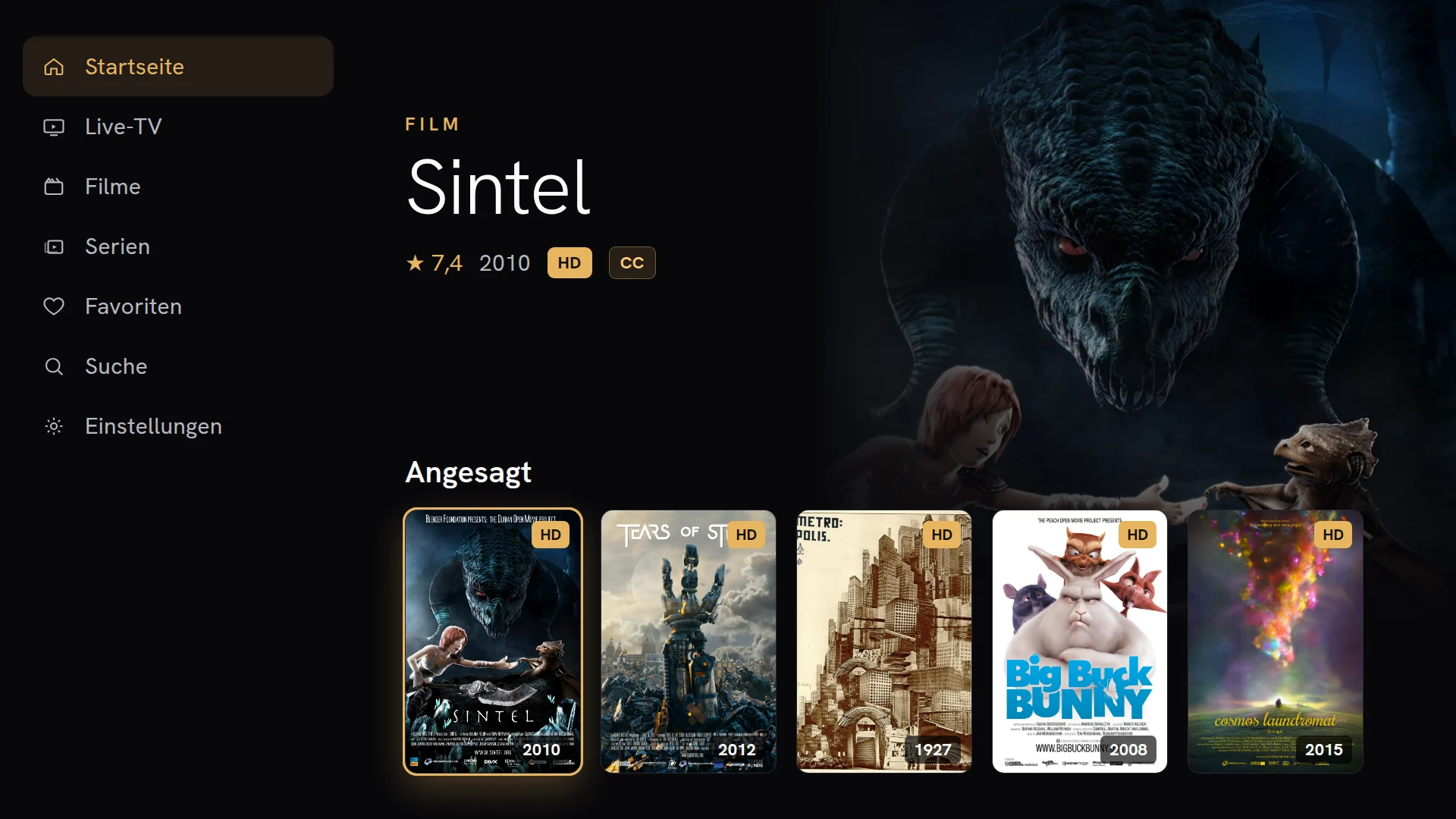 Chaipa-Startseite mit einem Hero-Banner wie im Kino und einer Reihe von Filmpostern