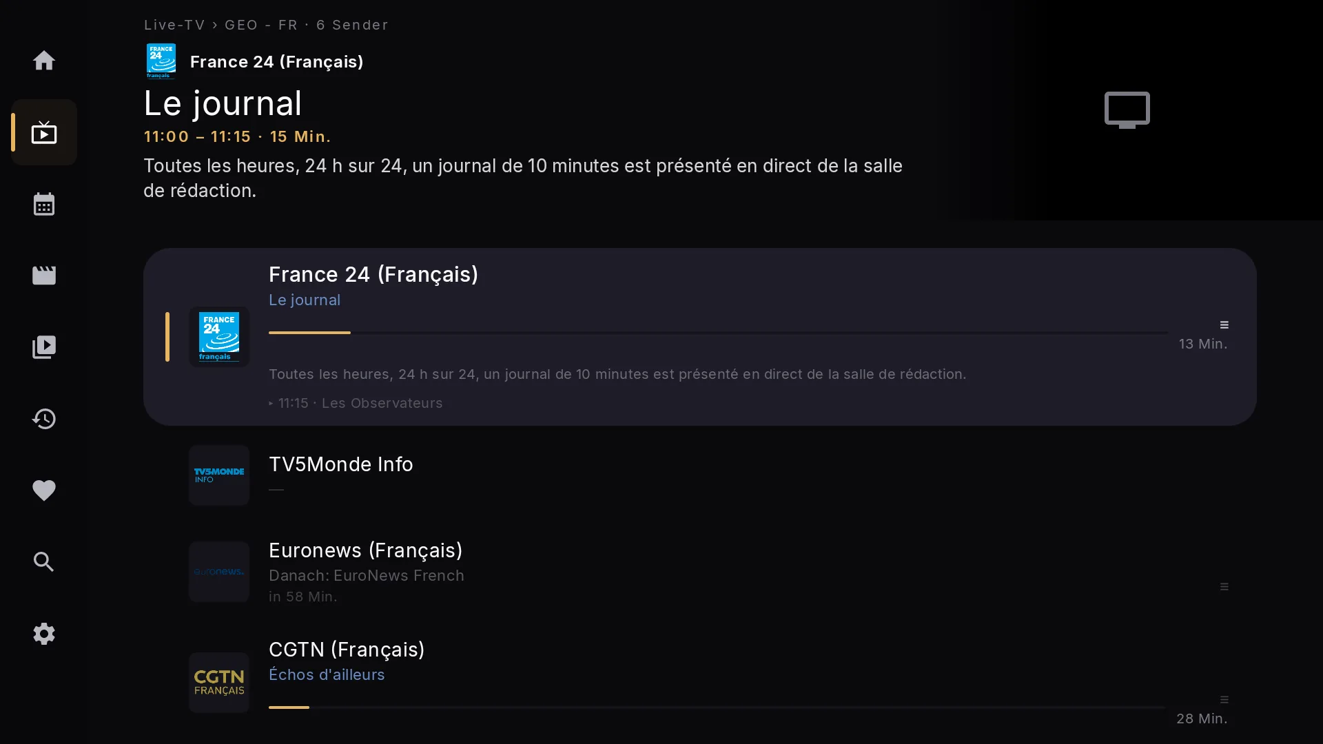 Chaipa-Senderliste im Live-TV mit France 24, TV5Monde, Euronews und CGTN, jeweils mit laufender Sendung und Restzeit