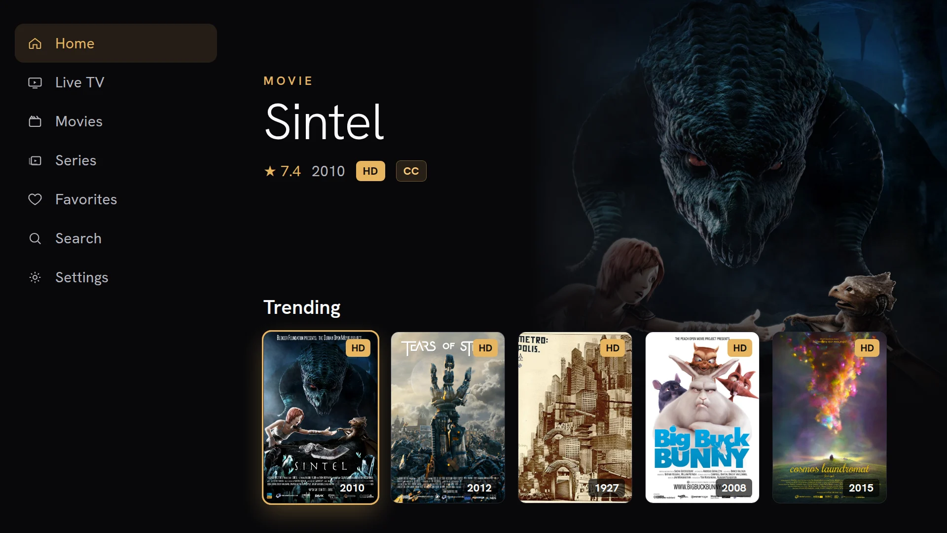 Chaipa home screen showing a cinematic hero banner and a row of movie posters