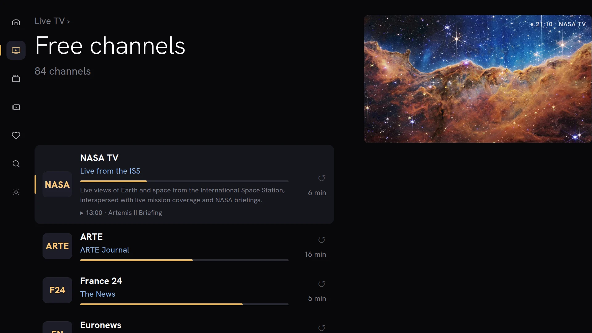Chaipa live TV channel list with NASA TV, ARTE and France 24, each showing the current programme and a live preview
