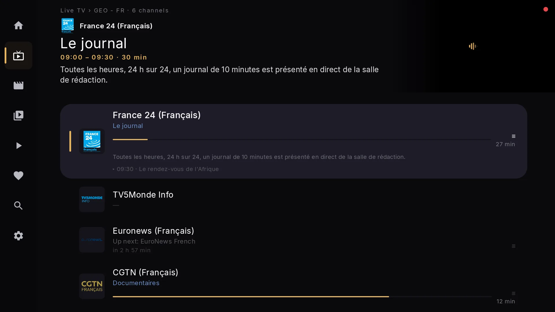 Chaipa live TV channel list with NASA TV, ARTE and France 24, each showing the current programme and a live preview