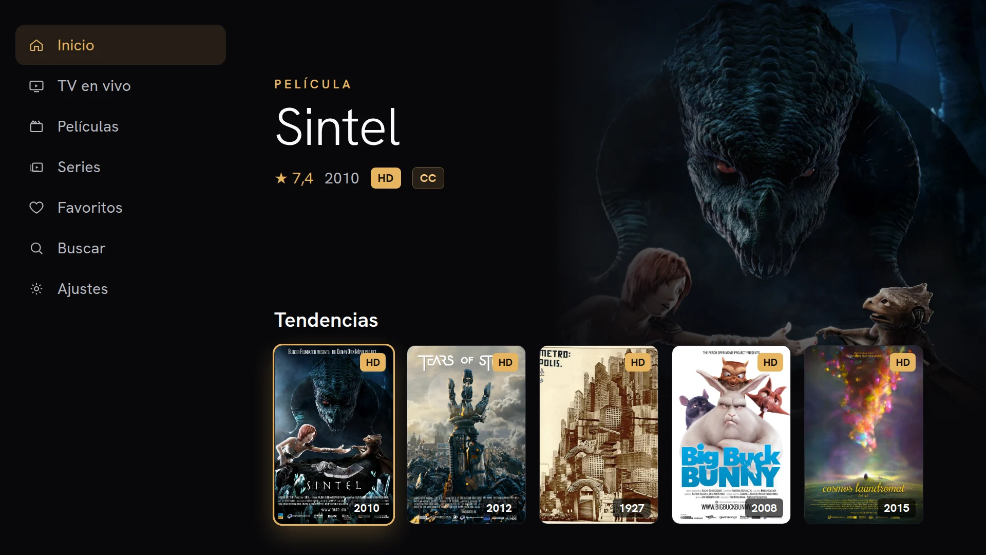Pantalla de inicio de Chaipa con un banner hero de Sintel y una fila de Tendencias