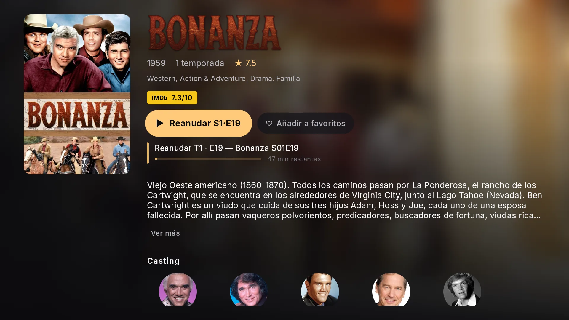 Página de detalle de una serie en Chaipa con episodios y reparto