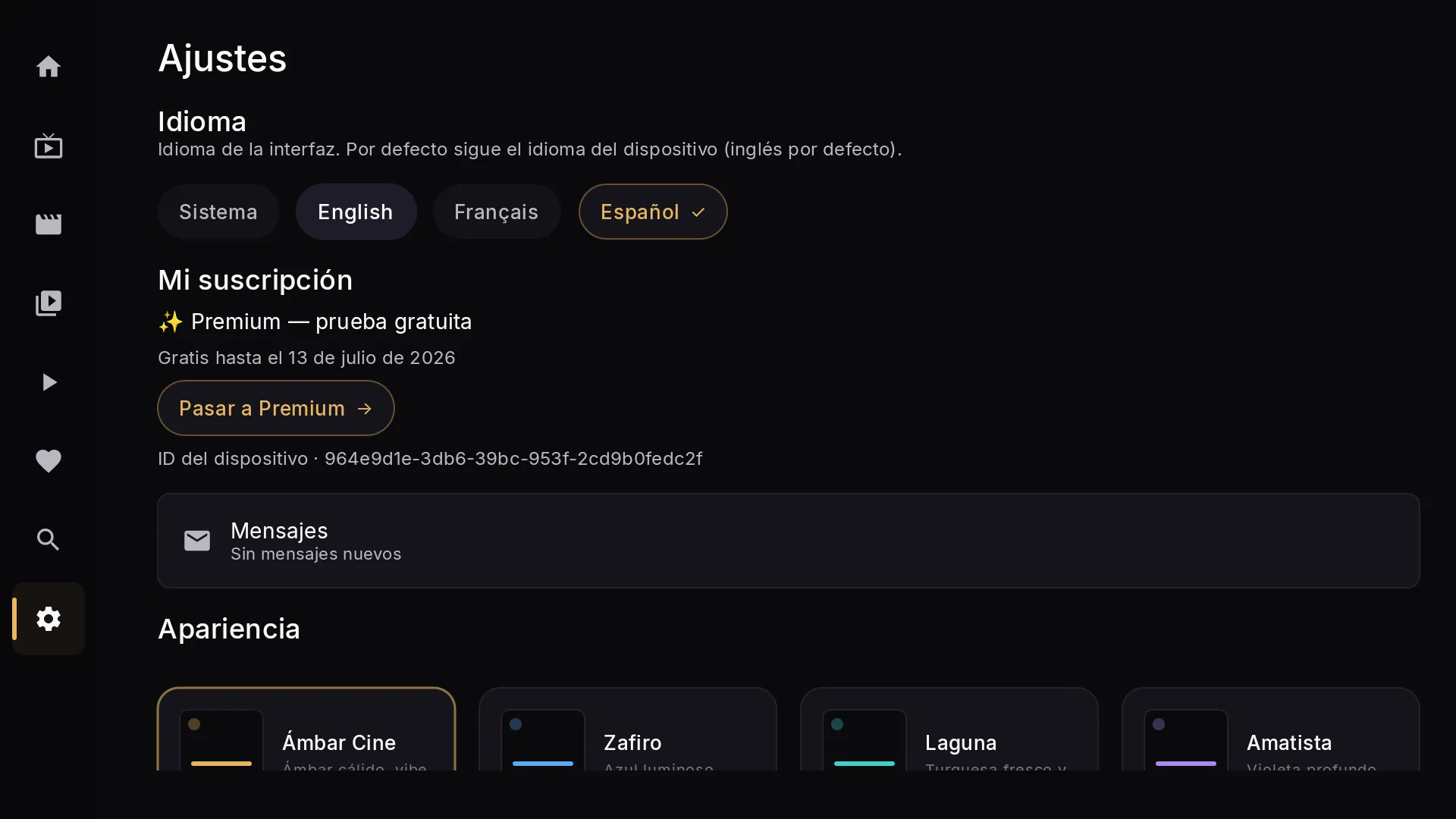 Pantalla de Ajustes de Chaipa: idioma, temas y suscripción