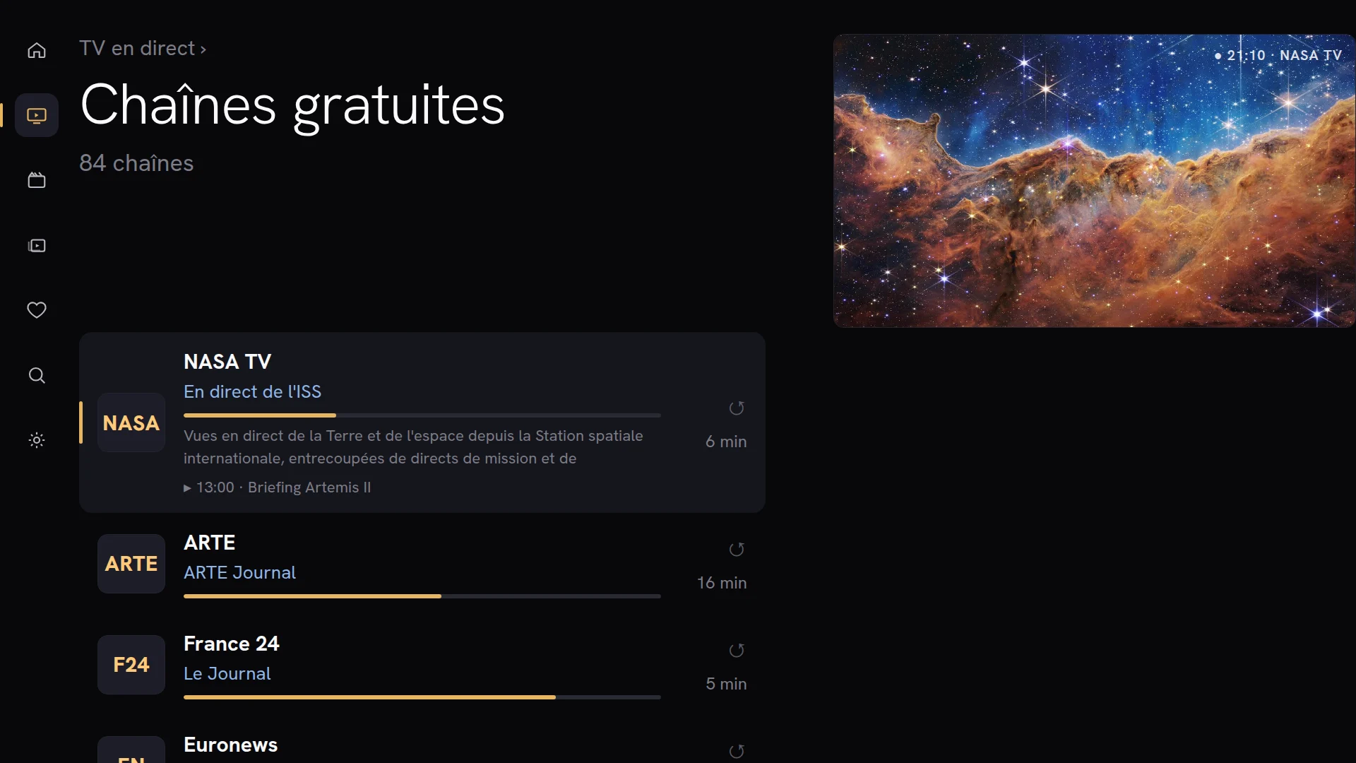 Liste de chaînes en direct de Chaipa avec NASA TV, ARTE et France 24, chacune affichant le programme en cours et un aperçu en direct