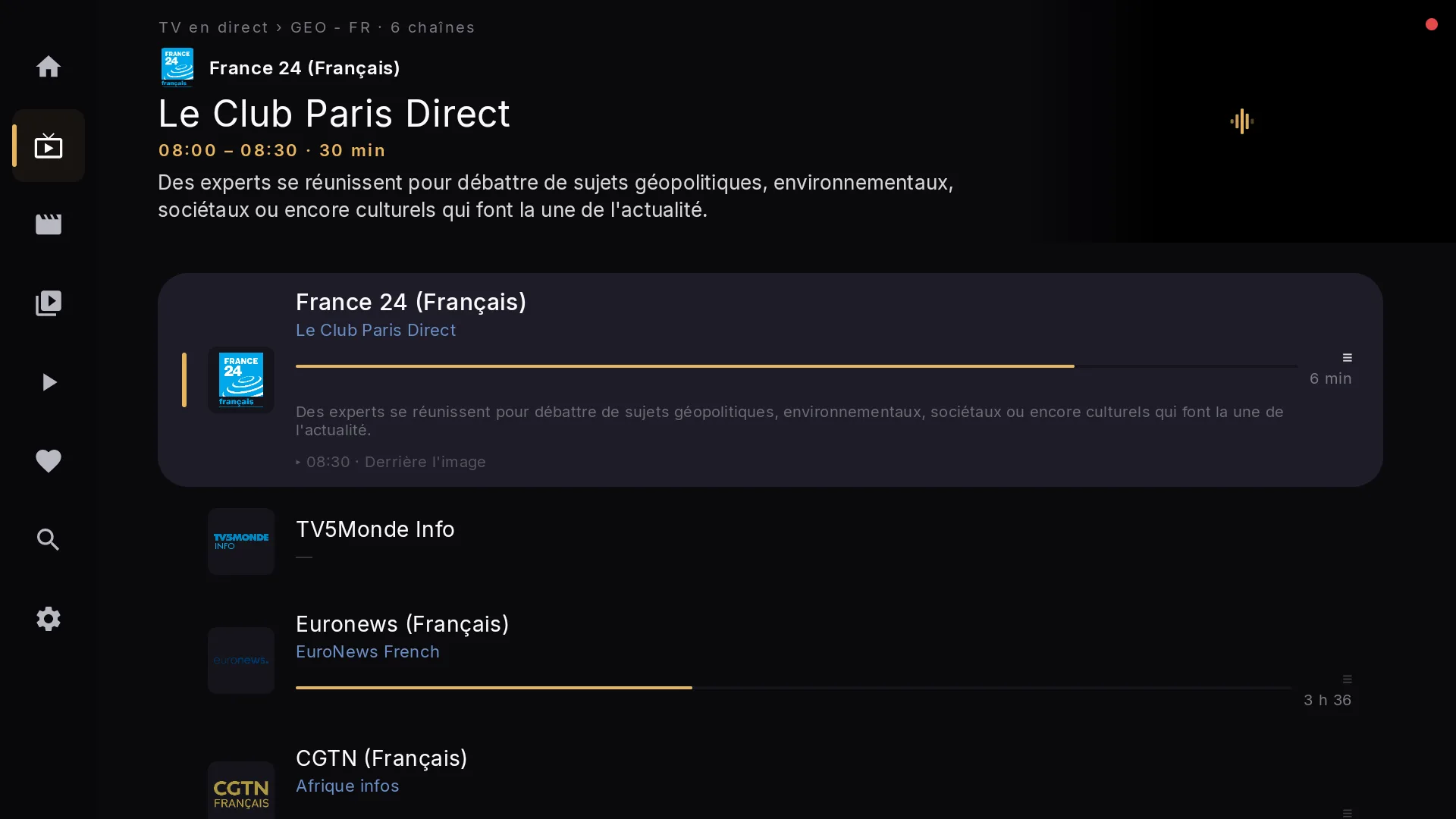 Liste de chaînes en direct de Chaipa avec NASA TV, ARTE et France 24, chacune affichant le programme en cours et un aperçu en direct