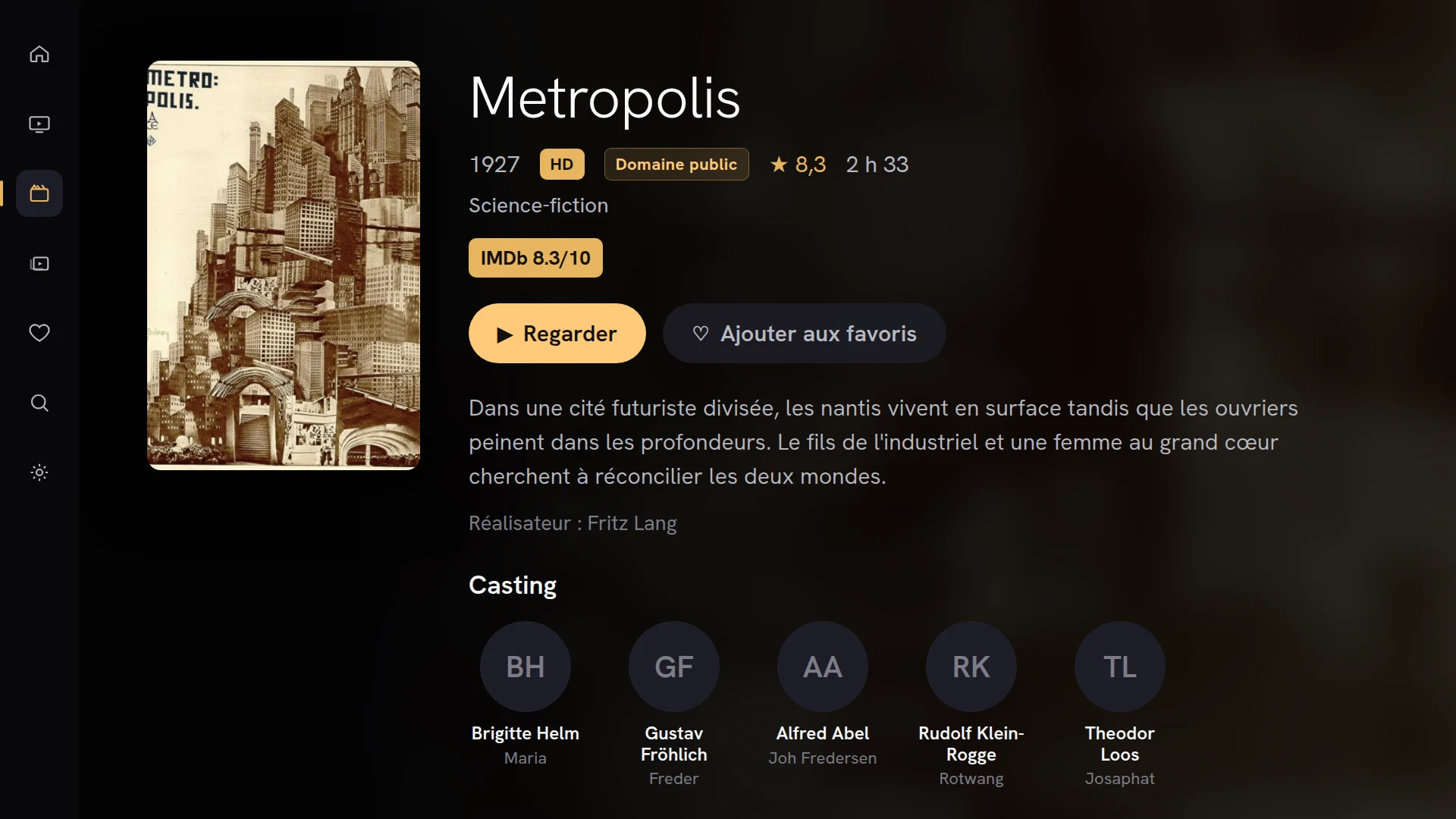 Page de détail d'un film dans Chaipa avec affiche, note, synopsis et rangée de casting