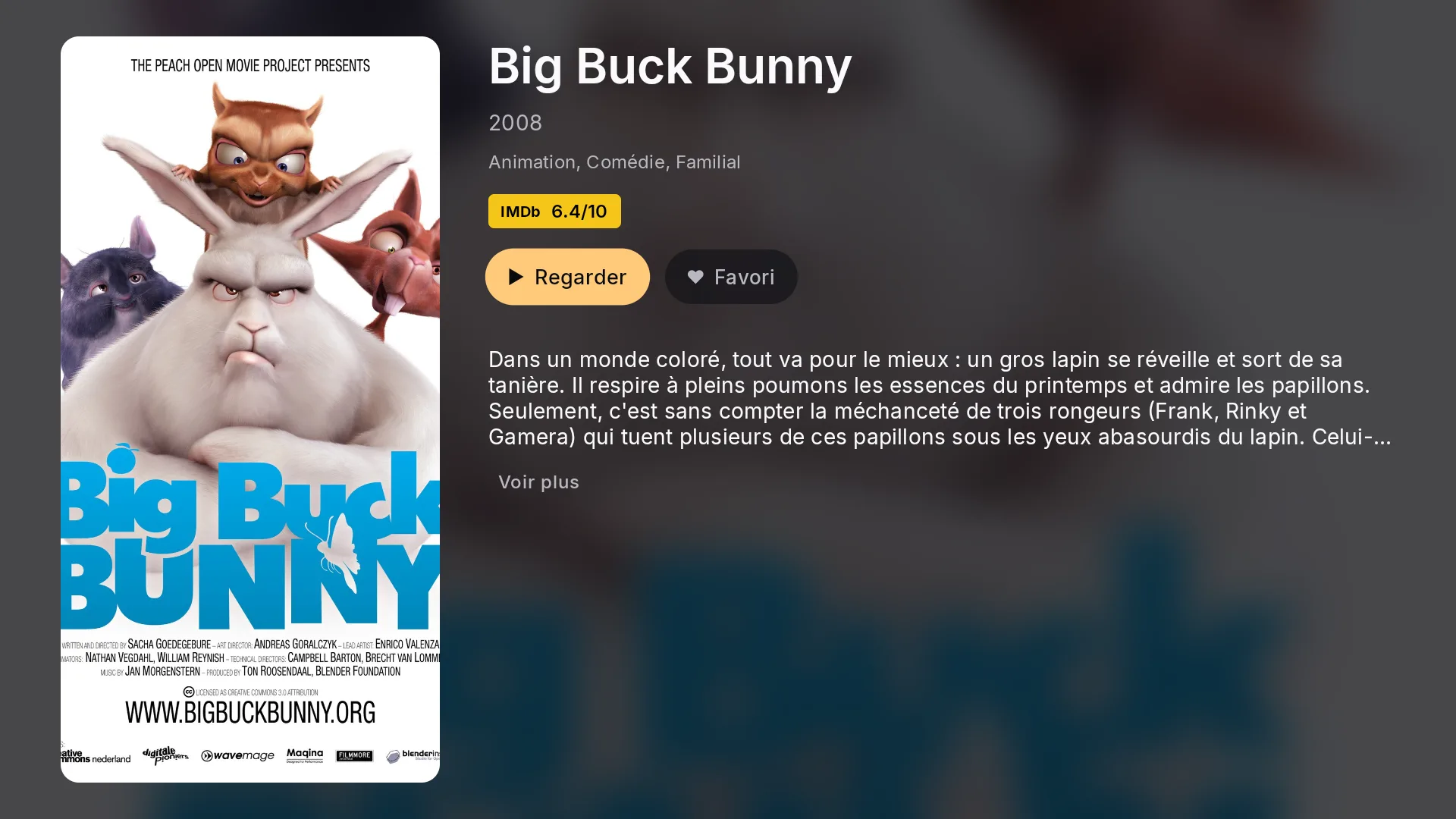 Page de détail d'un film dans Chaipa avec affiche, note, synopsis et rangée de casting