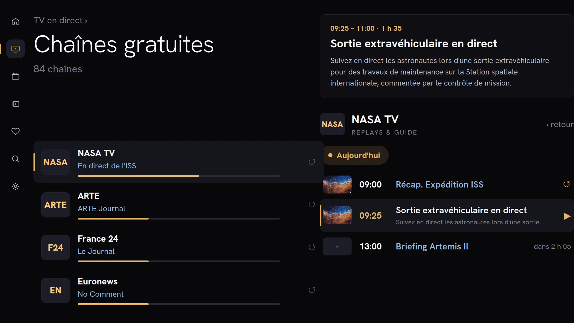 Chronologie de replay de Chaipa montrant les programmes passés, en cours et à venir d'une chaîne